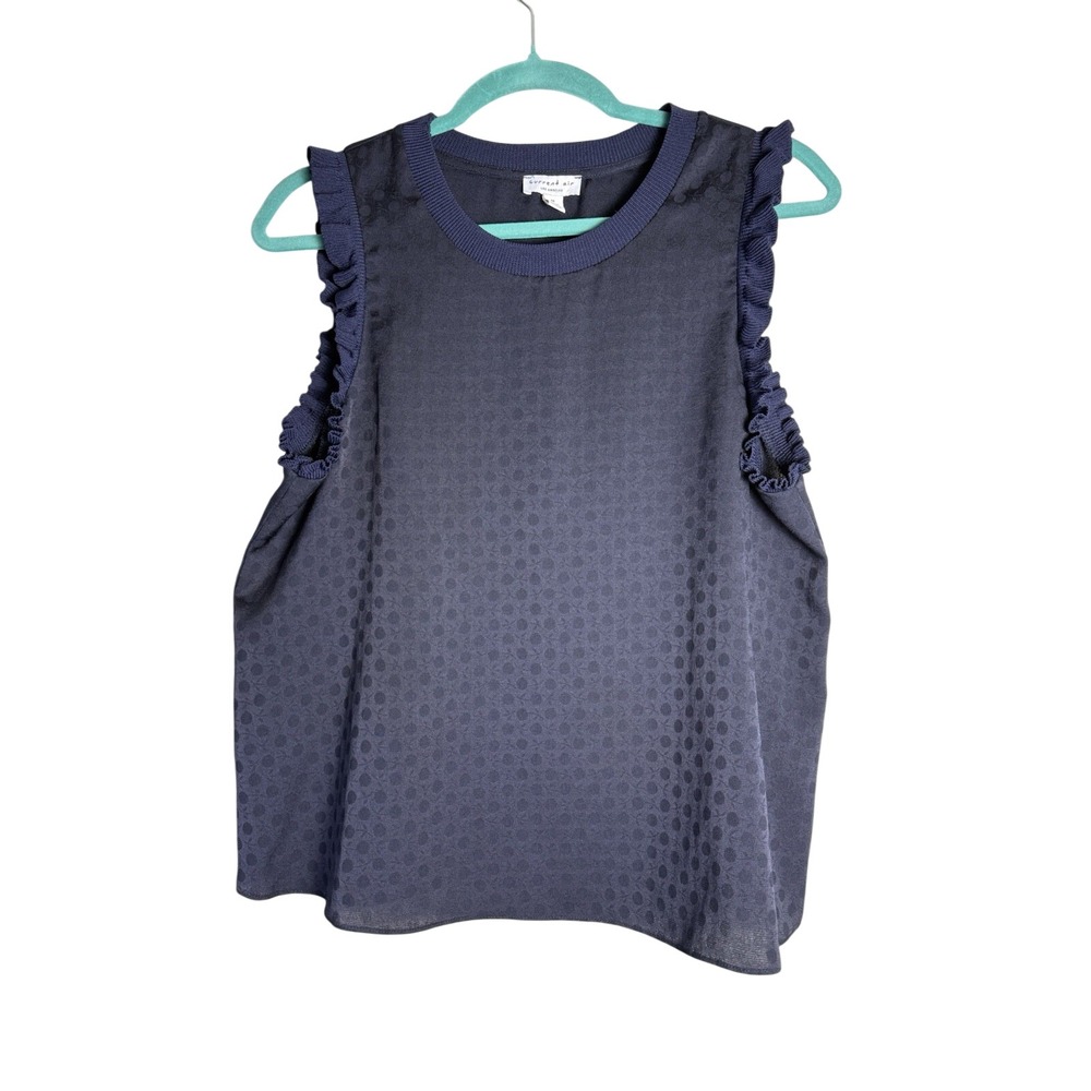 Current Air By Anthropologie Navy Blue Polka Dot Black Ruffle Sleeveless Top MED
